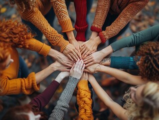 Circle of people with hands on each others shoulders, symbolizing support and unity - obrazy, fototapety, plakaty