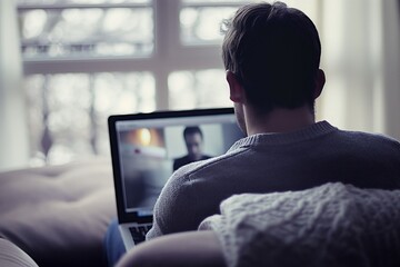 a man doing a video meeting on a laptop, zoom meeting, video conference closeup, business meeting, conference, meeting 