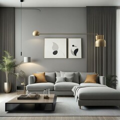 Modern living room interior with gray sofa, abstract wall art, and stylish lighting fixtures.