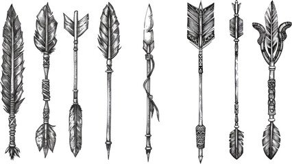 Ornament bow arrow with feather, hipster graphic pointer and tribal arrowhead