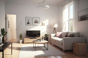 Bright and cozy living room with modern furniture, large windows, and decorative plants. A comfortable sofa, TV, and wooden floor enhance the homely atmosphere.