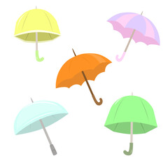 Fototapeta na wymiar Set of different Umbrellas. Open umbrellas. Various prints. Hand drawn colored Vector illustration. Flat style.