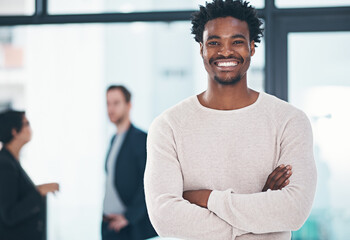African man, smile and portrait in coworking space for career, project management and company goal...