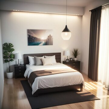 Modern bedroom interior with a large bed, side tables, and a framed picture above the bed. Warm lighting and a plant add a cozy atmosphere.