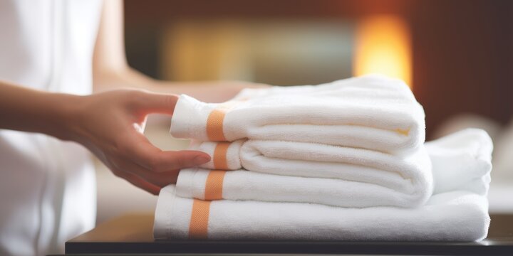 A woman holds a pile of folded towels in a hotel room. Generative AI.