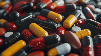 A pile of different pill textures, Diverse Collection of Capsules and Tablets
