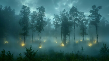 A misty forest at dawn, the trees silhouetted against a slowly brightening sky, with fog weaving through the undergrowth - obrazy, fototapety, plakaty