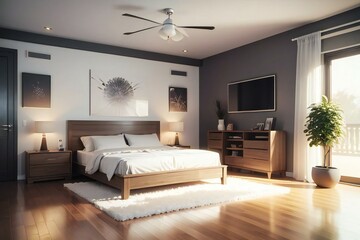 Modern bedroom interior with wooden furniture, a large bed, and decorative wall art in a well-lit room.