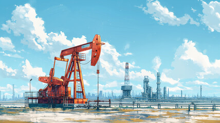 A painting of a desolate landscape with an oil rig - obrazy, fototapety, plakaty