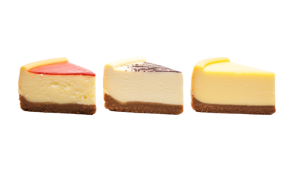 Three different flavour cheese cake slices  side view on an isolated background