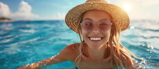 Smiling blonde young woman in a hat and sunglasses swims in the clear water of the sea on a sunny summer day. - obrazy, fototapety, plakaty