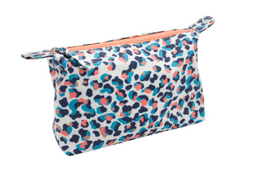 Detail of a beautiful women's toiletry bag. It is white with colored polka dots. It is on a white...