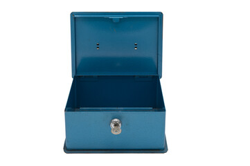 Detail of an old metal box with an open lock on a white background