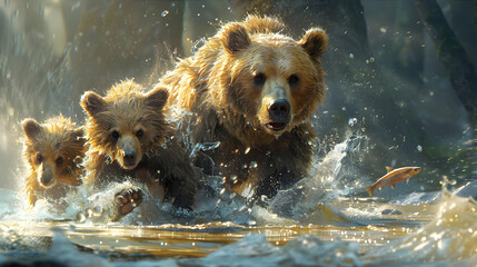 Fototapeta premium A mother bear teaching her cubs to fish in a mountain stream, the clear water splashing around as they clumsily paw at passing fish