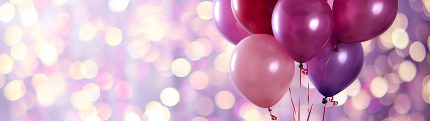 A group of balloons in pink and purple shades on an abstract background with bokeh with copy space. Banner.