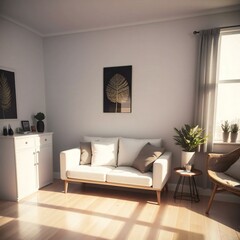 A cozy living room bathed in warm sunlight, featuring a white sofa, wooden furniture, and decorative plants.