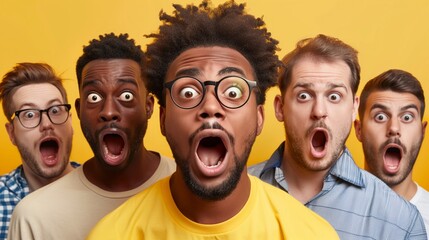 A man with curly hair and glasses looks very excited or shocked about something. His multiracial friends are in the background. Yellow background.