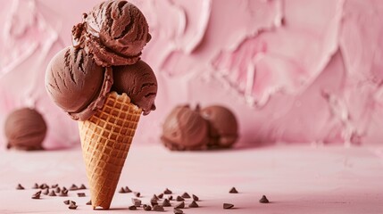 Close-up of a ball of ice cream cone on a pink minimalistic background.