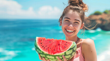 Smiling beautiful young woman on the beach holding a slice of watermelon in her hands on a summer day.