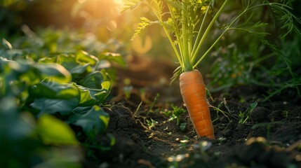 Freshly dug carrot sticking out of the ground in the garden bed.