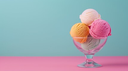 Ice cream balls in a glass bowl, pink and blue background. Copy space.
