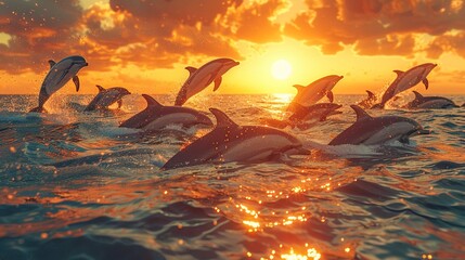Cartoon group releasing rehabilitated marine animals back to the ocean, hopeful, sunset background - obrazy, fototapety, plakaty