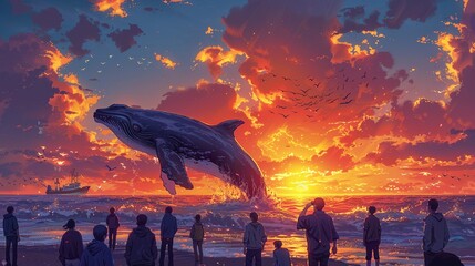 Cartoon group releasing rehabilitated marine animals back to the ocean, hopeful, sunset background