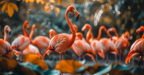 A pink flamingo against the background of a large group of flamingos outdoors.
