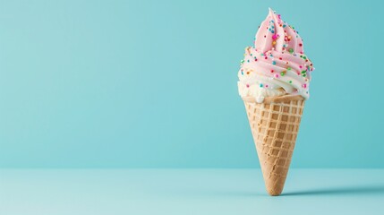 Soft serve ice cream cone on a blue minimalistic background with copy space. Low angle view.