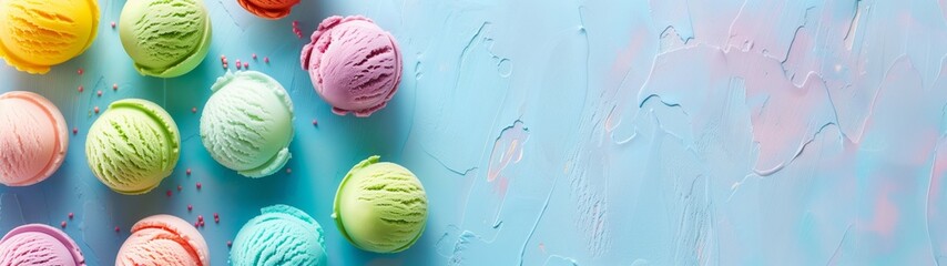 Group colorful ice cream balls on a blue background with copy space. Top view. Banner.