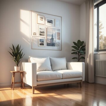 A cozy living room with a white sofa, framed pictures on the wall, and potted plants near a sunny window.