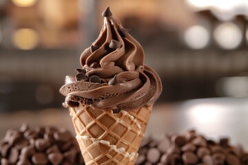 Close-up chocolate soft serve ice cream cone. Blurred background.