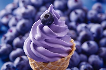 Close-up blueberry soft serve ice cream cone. Blurred background.