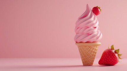 Close-up soft strawberries ice cream cone on pink background. Copy space.