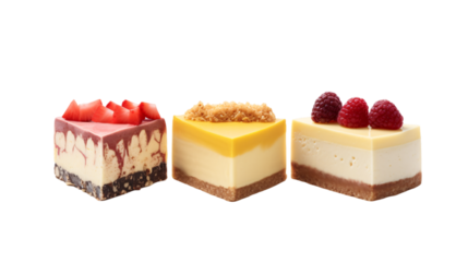 Three different flavour small cheese cake slices on an isolated background