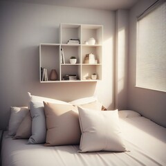 Cozy minimalist bedroom with a bed full of pillows and a shelf with decorative items, bathed in warm sunlight.