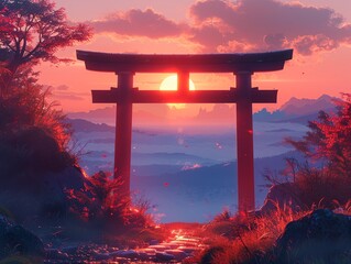 Cartoon Shinto shrine gate Torii at sunrise, spiritual and peaceful, sacred mountain background - obrazy, fototapety, plakaty