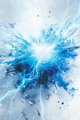 3D graphic of an electrical explosion, blue and white sparks, soft shadow casting, isolated on white, low angle view