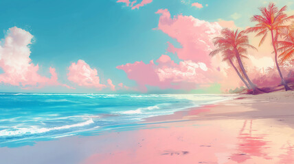 Fototapeta na wymiar A beach scene with a pink sky and palm trees