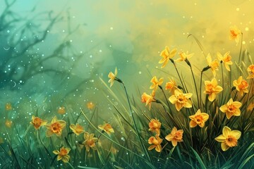Daffodil Flowers in Spring Field with Yellow Narcissus. Grass Background