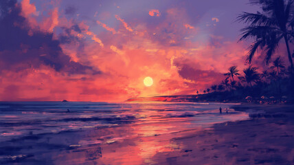 A painting of a beach with a sunset in the background - obrazy, fototapety, plakaty