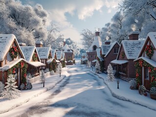 A snowy street with houses on either side. The houses are decorated with Christmas wreaths and lights
