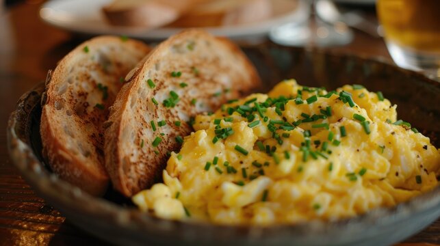 Scrambled eggs and buttered toast topped with chives served on a dark wooden table