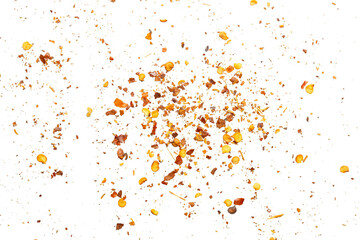 dried red chili pepper flakes and seeds isolated on white background