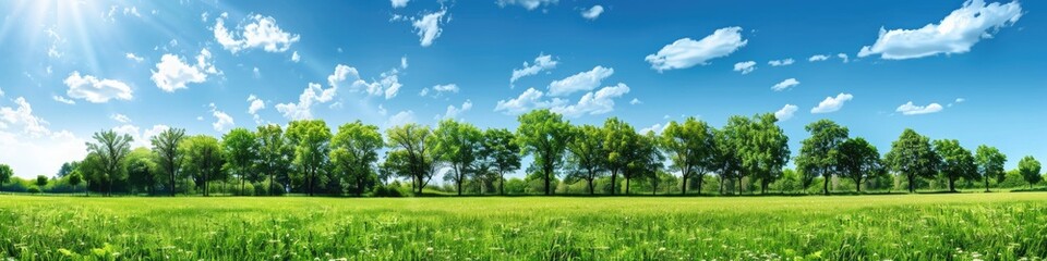 Field Trees. Summer Park Landscape with Green Meadows, Trees, and Blue Sky
