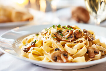 tasty tagliatelle or linguine pasta with mushrooms and parmesan, close up - obrazy, fototapety, plakaty