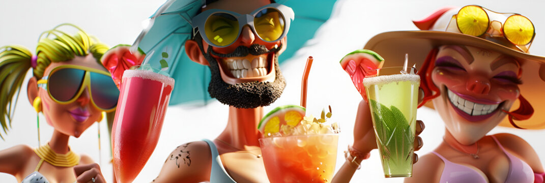 A cartoon scene of a beach, Funny summer cartoon with sunglasses on beach 3d render