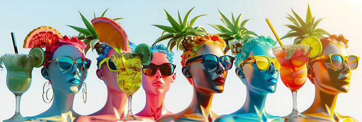 Portrait of six sculpture of Aphrodite wearing multiple sunglasses with colored cocktail glass