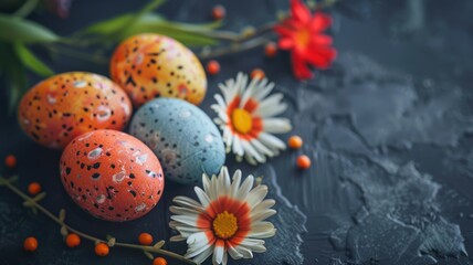 Colorful hand painted Easter eggs and daisy flowers on a dark background. Easter decoration, banner, panorama, background with copy space for text. Happy Easter.