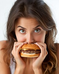 Close-up portrait of a young charming Caucasian woman eating tasty hamburger. Hungry girl eats fast food with pleasure. Unhealthy food and nutrition concept. Isolated over white background.